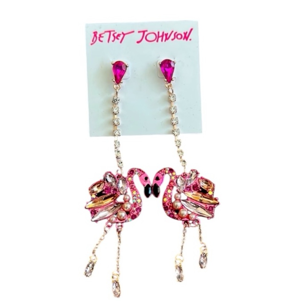 Betsey Johnson flamingo dangle earrings rose gold tone bright pink jewel dangle